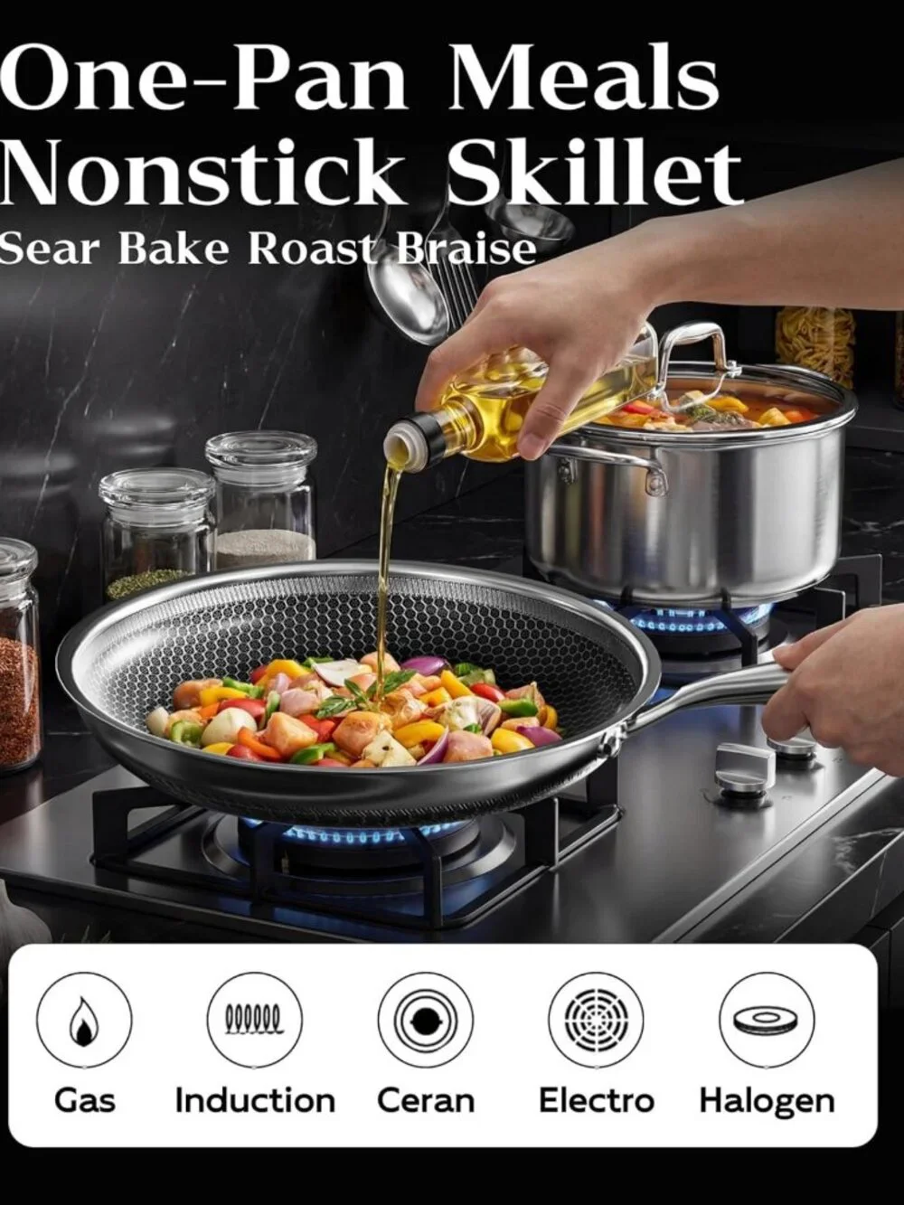 Nonstick Honeycomb Skillet Set, 8-10-12 Inch, PFOA-Free, Scratch-Proof, Oven